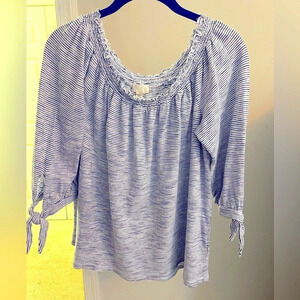 Capio Blush M/M women’s white & blue striped top. Smocked elastic neckline. EC.